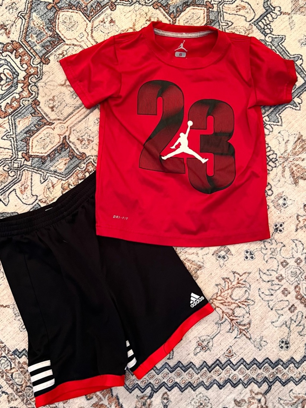 Nike Red '23' Jordan Tee with Black Athletic Shorts